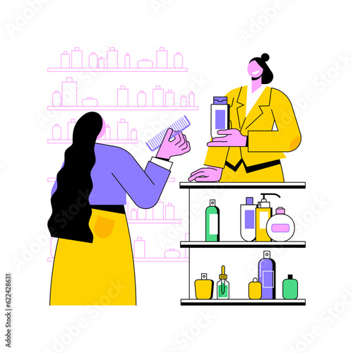 Hair product recommendations isolated cartoon vector illustrations. Beauty salon worker sells hair care product to customer, service sector, fashion industry, professional people vector cartoon.