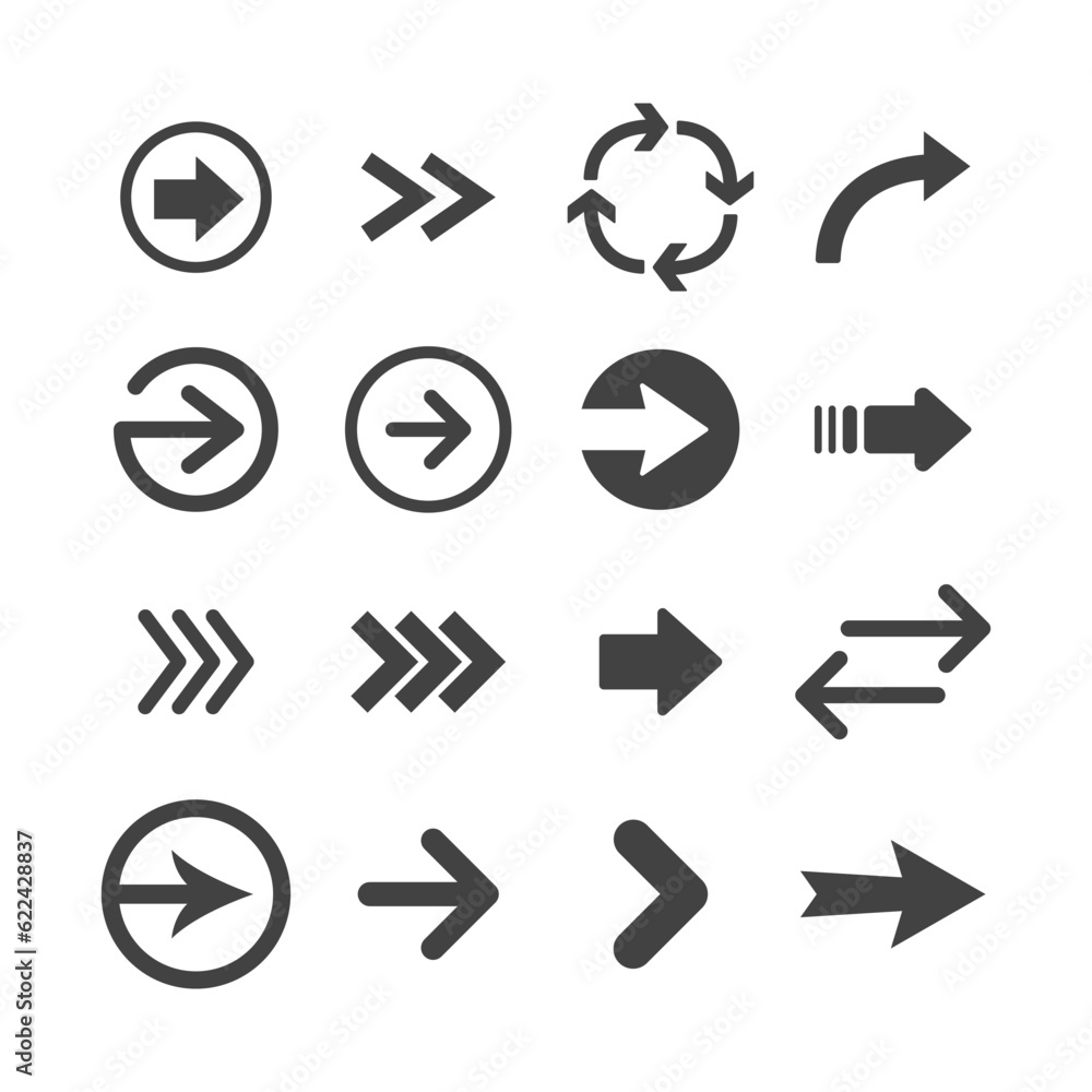 Arrow icon set. Collection of different arrows. Black vector pictogram. Arrow icon set. Collection of different arrows. Black vector pictogram.