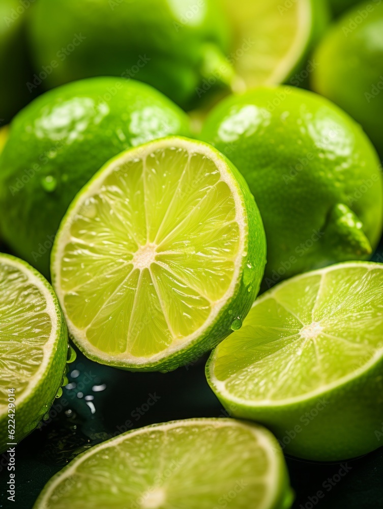 Fresh juicy green lime fruit with water drops. Citrus fruits on green background. Summer design. Fresh juicy green lime fruit with water drops. Citrus fruits on green background. Summer design.