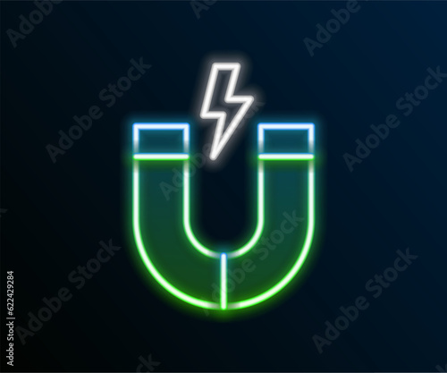Glowing neon line Magnet icon isolated on black background. Horseshoe magnet, magnetism, magnetize, attraction. Colorful outline concept. Vector