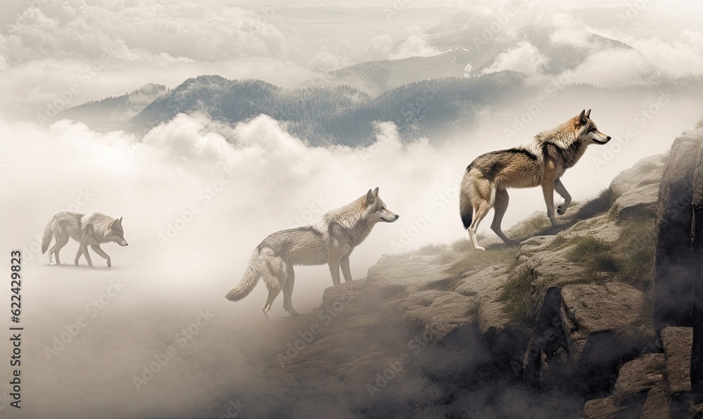 Fototapeta premium Wild wolfs in nature wilderness. Created with Generative AI technology.