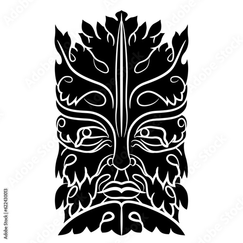 Green Man or foliate head from Bamberg Cathedral, Germany. Mask of fantastic bearded man covered with leaves. Medieval folk motif. Pagan god of nature and vegetation. Black and white silhouette.
