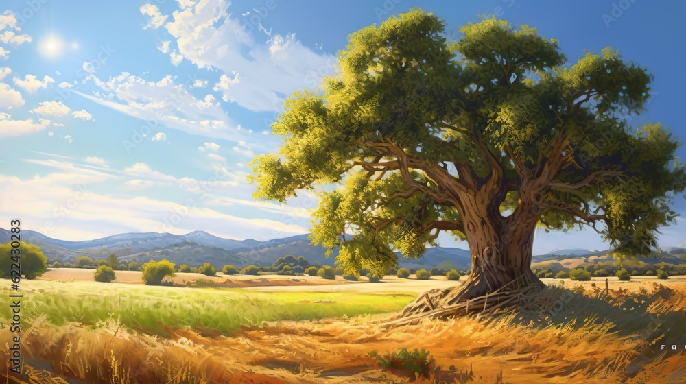 Fototapeta premium a painting of a tree in a field with mountains in the background. generative ai