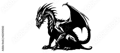 Graphic silhouette of black dragon isolated on white background. Vector illustration .