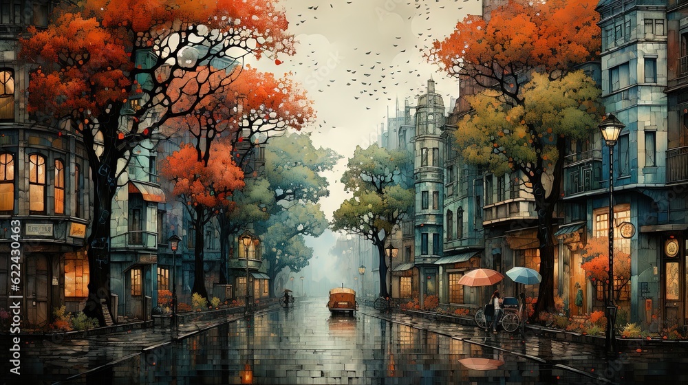  a painting of a city street with a person holding an umbrella.  generative ai