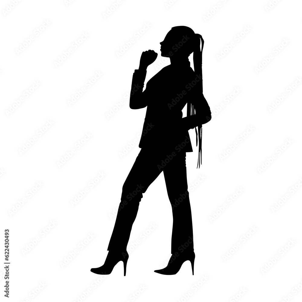 Vector illustration. Silhouette of a woman in a men's suit with trousers and a jacket. Fashion trend.