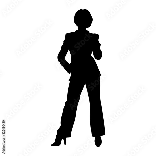 Vector illustration. Silhouette of a woman in a men s suit with trousers and a jacket. Fashion trend.