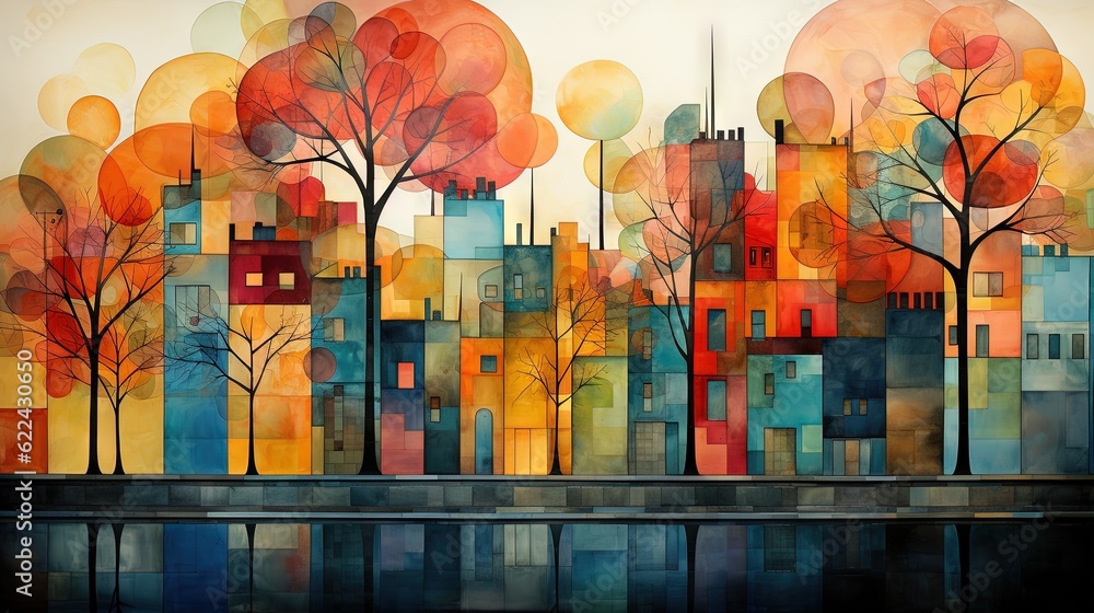 Φωτογραφία a painting of a city with lots of trees and buildings