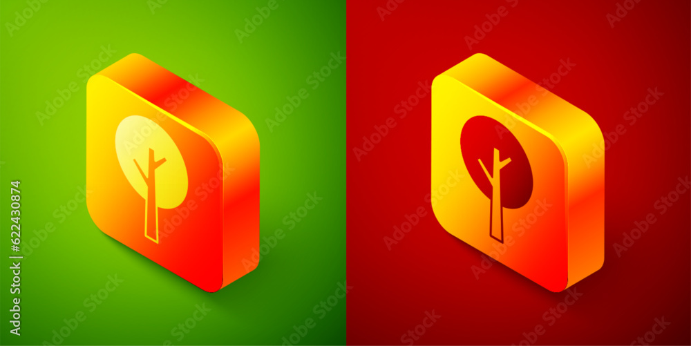 Isometric Tree icon isolated on green and red background. Forest symbol. Square button. Vector Isometric Tree icon isolated on green and red background. Forest symbol. Square button. Vector