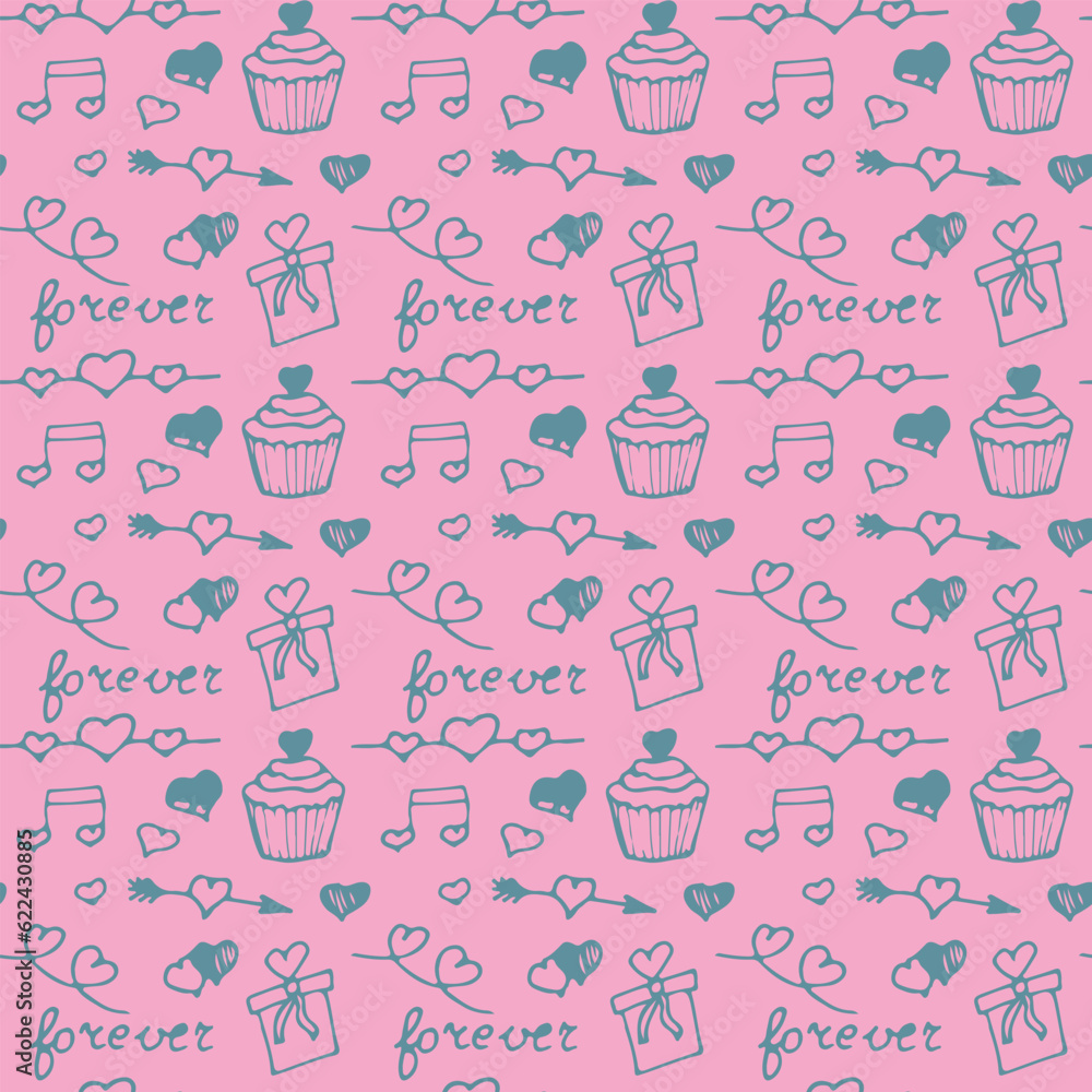 Seamless pattern with love words and cute love doodles on a pink background. Saint Valentine's Day background. Lovely symbols. Seamless pattern with love words and cute love doodles on a pink background. Saint Valentine's Day background. Lovely symbols.
