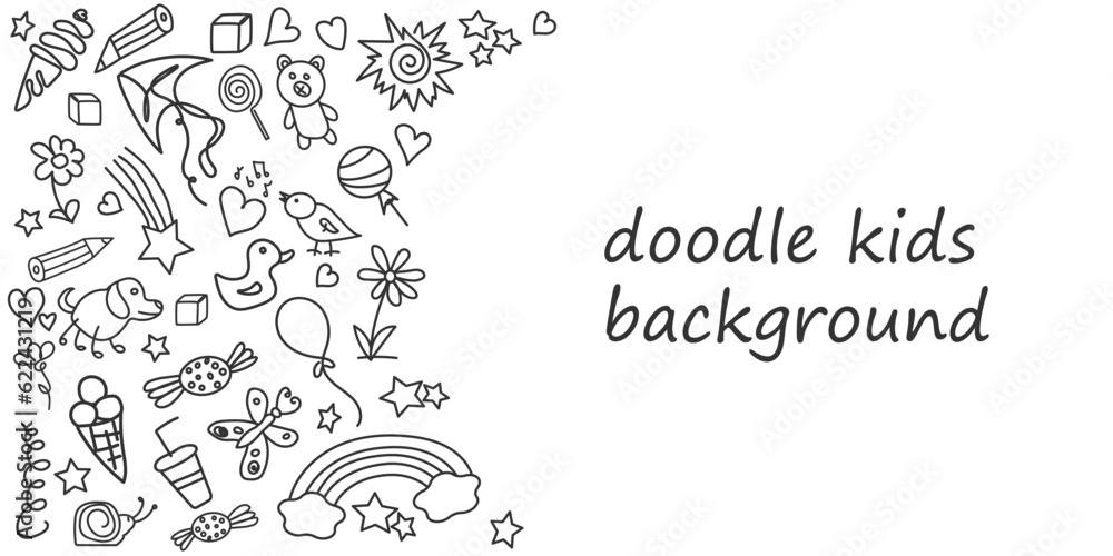Kids doodle background. Template with children's black drawings. Outline drawn cartoon elements