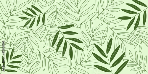 Natural background from green leaves. Botanical contour illustration. Abstract green background