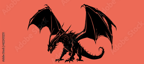 Graphic silhouette of black dragon isolated on red background. Vector illustration .
