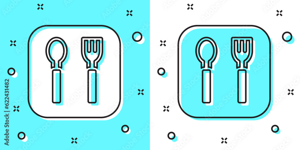 Black line Fork and spoon icon isolated on green and white background. Cooking utensil. Cutlery sign. Random dynamic shapes. Vector Black line Fork and spoon icon isolated on green and white background. Cooking utensil. Cutlery sign. Random dynamic shapes. Vector