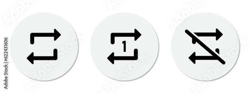 Repeat, replay, next song and don't repeat song icons. Repeat music button icon vector for media player application.  Isolated repeat player button multimedia sign designs in white circle.