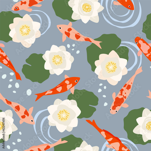 Seamless pattern with East Asian ornament. The fish swims in the lake, the flowers of the water lily, lotus. Vector graphics.