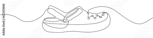 One line drawing Sandals vector. Slippers single line vector linear icon. Footwear outline line design. Vector illustration.