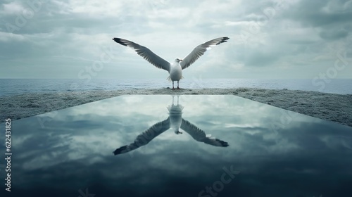  a seagull is standing on the edge of a pool. generative ai