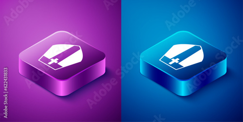 Isometric Pope hat icon isolated on blue and purple background. Christian hat sign. Square button. Vector