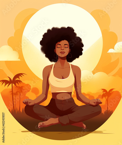 Person meditating in yoga posture. Beautiful young afro-american woman with curly afro hair in lotus position. Asana practitioner  lay Buddhist practice meditation. Generative Ai digital illustration
