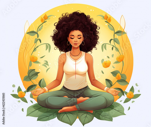 Digital illustration of a young african americanblack  woman sitting in the lotus position. Yoga meditation pose concept, healthy life style. Mental health and mindfullness exercise. Ai generated