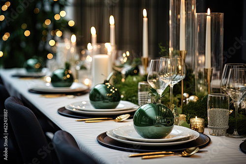 Christmas Dinner  Green Winter Table Decoration for Christmas  Beautiful and Festive Interior at Home - Generative Ai