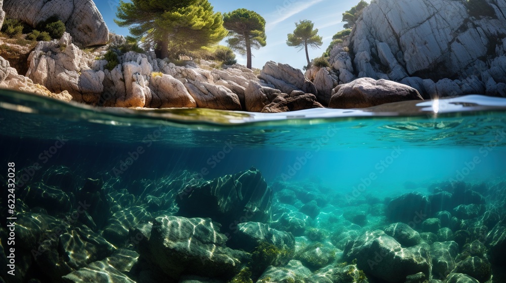 Fototapeta premium an underwater view of rocks and trees in the water near a rocky shore. generative ai