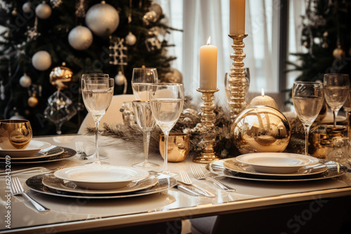 Christmas Dinner, White Winter Table Decoration for Christmas, Beautiful and Festive Interior at Home - Generative Ai