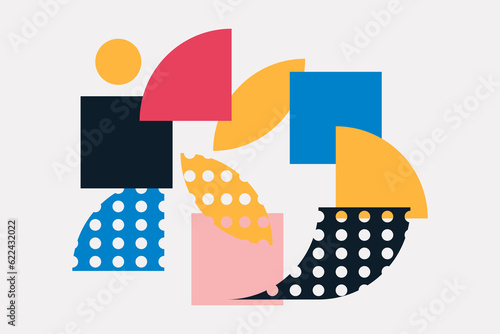 Modern abstract composition with geometric shapes and creative details. Colored set of figurines isolated on white background. Vector.