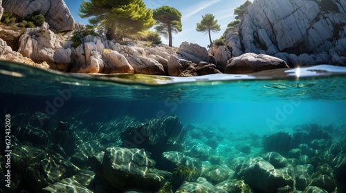  an underwater view of rocks and trees in the water near a rocky shore. generative ai