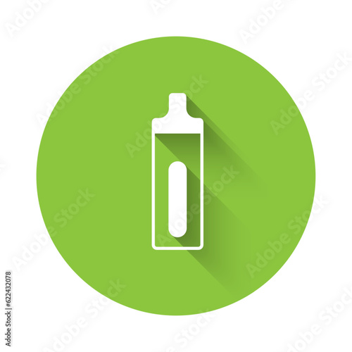 White Electronic cigarette icon isolated with long shadow background. Vape smoking tool. Vaporizer Device. Green circle button. Vector