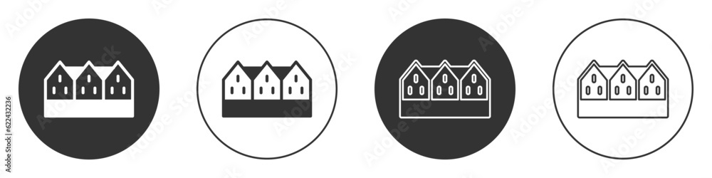 Black Icelandic wooden house icon isolated on white background. Architecture element of Iceland. Circle button. Vector Black Icelandic wooden house icon isolated on white background. Architecture element of Iceland. Circle button. Vector