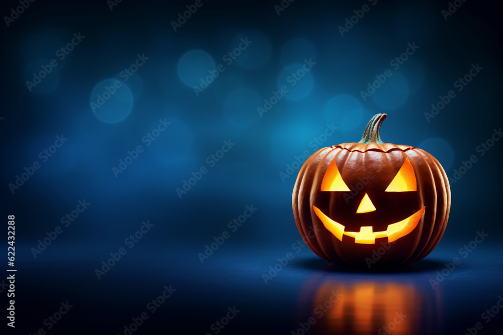 Halloween pumpkin lit by a lantern in a blue background Halloween pumpkin lit by a lantern in a blue background