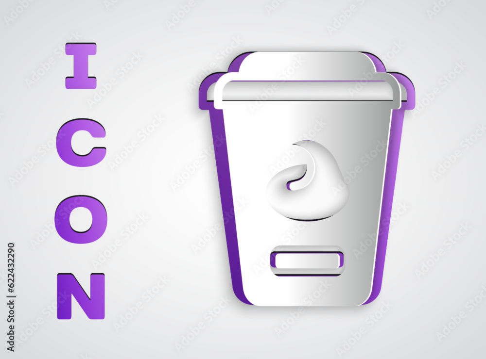 Paper cut Yogurt container icon isolated on grey background. Yogurt in plastic cup. Paper art style. Vector Paper cut Yogurt container icon isolated on grey background. Yogurt in plastic cup. Paper art style. Vector