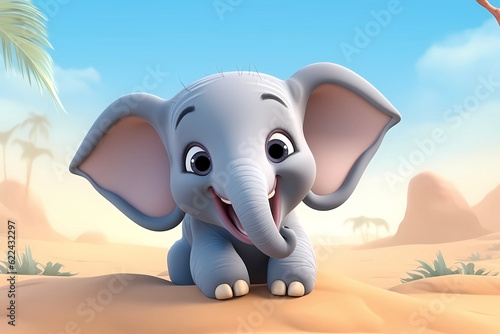 cute elephant cub, baby illustration, 3d render style, children cartoon animation style