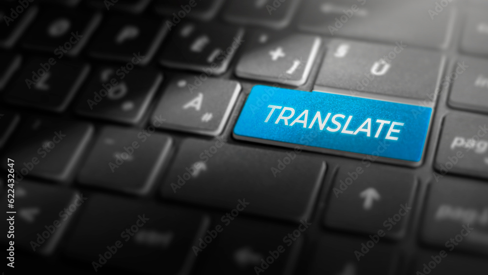 Traslate key on laptop computer keyboard, blue button on the dark grey keybord of a modern laptop notebook, language concept for text translation and multilingual communication, close-up Traslate key on laptop computer keyboard, blue button on the dark grey keybord of a modern laptop notebook, language concept for text translation and multilingual communication, close-up