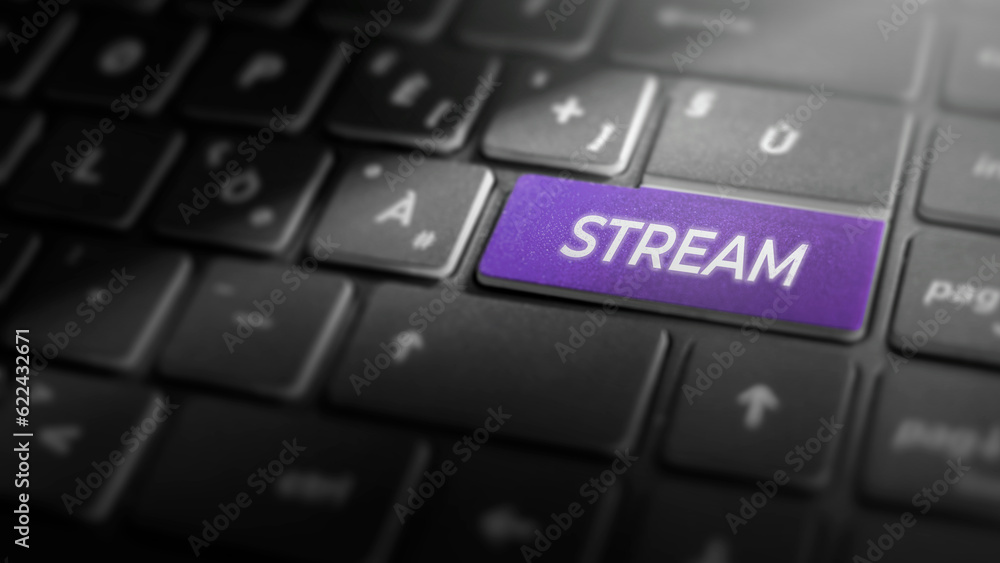Stream key on laptop computer keyboard, purple button on the dark grey keybord of a modern laptop notebook, broadcasting concept for live streaming and content creation, close-up Stream key on laptop computer keyboard, purple button on the dark grey keybord of a modern laptop notebook, broadcasting concept for live streaming and content creation, close-up