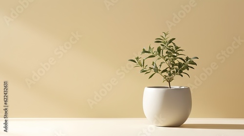  a plant in a white vase on a white table with a yellow wall in the background.  generative ai
