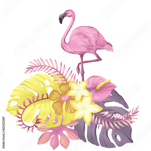 Tropical flower bouquet with pink flamingo isolated on transparent background. Pink flowers hand painted wallpaper with exotic leaves, jungle flowers, paradise birds