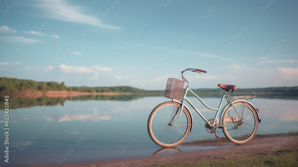 Fototapeta premium a bike parked on the shore of a lake with a basket on the front. generative ai