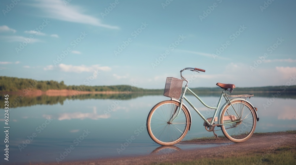  a bike parked on the shore of a lake with a basket on the front.  generative ai