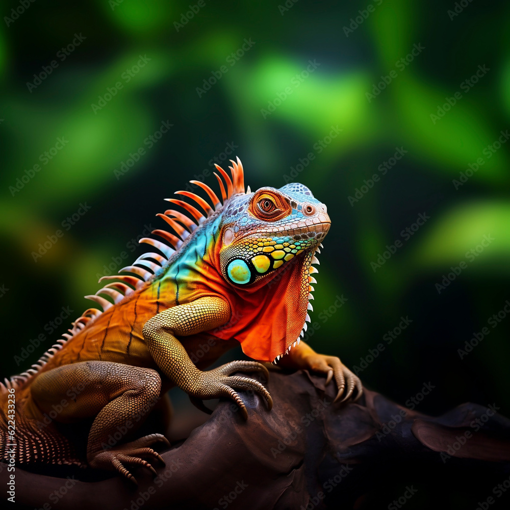 Portrait Of Bright Colorful Iguana In Rainforest on Branch. Exotic Reptile, Wild Animal. Pet. AI Generated