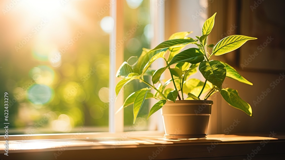 a potted plant sitting on a window sill in front of a window. generative ai a potted plant sitting on a window sill in front of a window. generative ai