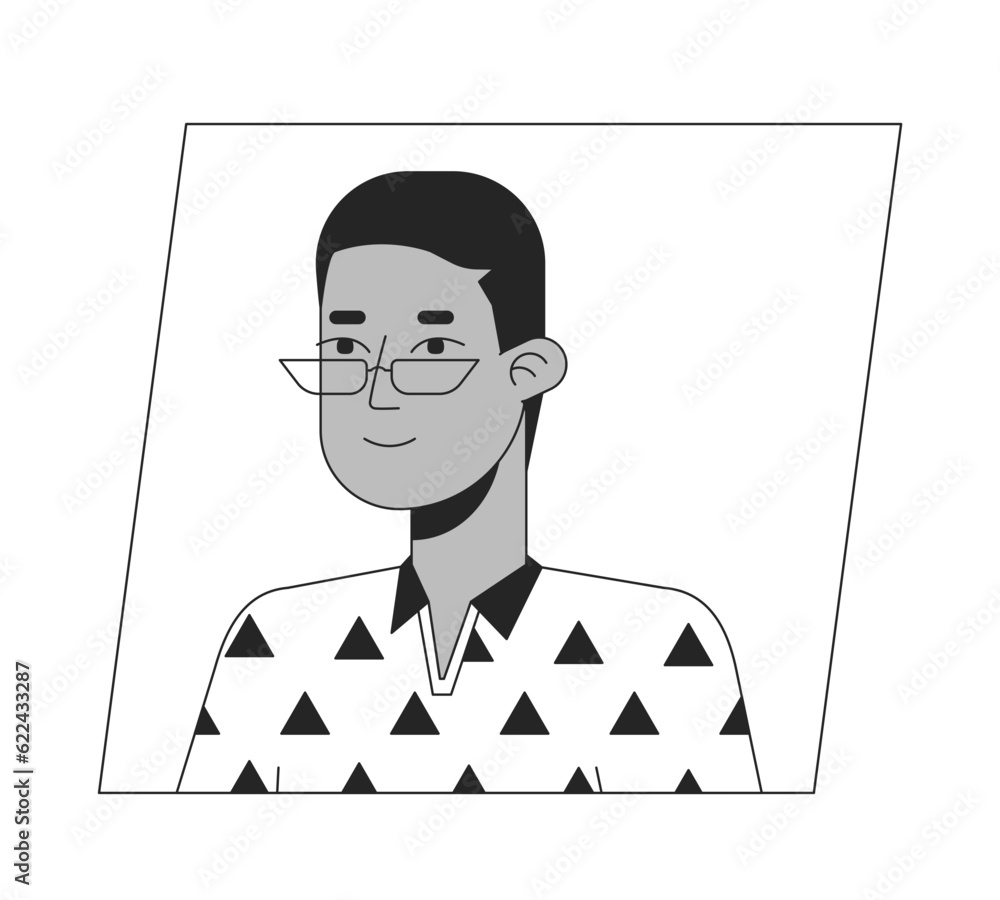 Calm african american boy in glasses black white cartoon avatar icon. Editable 2D character user portrait, linear flat illustration. Vector face profile. Outline person head and shoulders Calm african american boy in glasses black white cartoon avatar icon. Editable 2D character user portrait, linear flat illustration. Vector face profile. Outline person head and shoulders