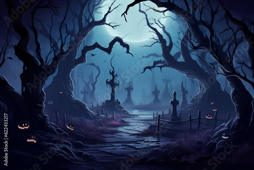 Halloween landscape with spooky pumpkins on the way at night