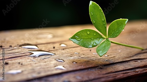  a green plant sprouting from a wooden surface with water droplets. generative ai