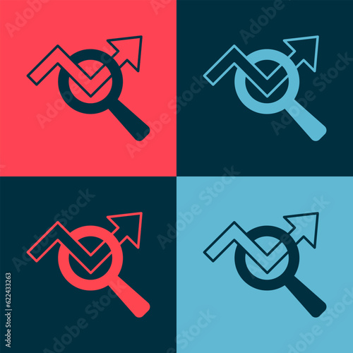 Pop art Magnifying glass and data analysis icon isolated on color background. Search sign. Vector