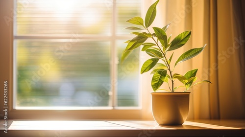  a potted plant sitting on a window sill in front of a window. generative ai