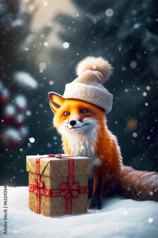 Portrait of a fox sitting under snowfall with Christmas gift box. Christmas card with cute fluffy ginger fox cub. Generative AI. Portrait of a fox sitting under snowfall with Christmas gift box. Christmas card with cute fluffy ginger fox cub. Generative AI.