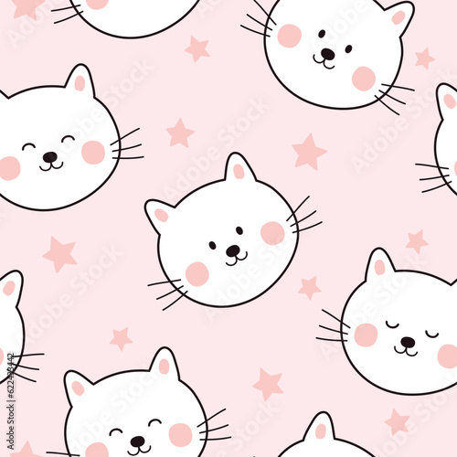 Seamless childish pattern with cute cats. Cartoon background with smiling cats and stars. Vector illustration. It can be used for wallpapers, wrapping, cards, patterns for clothes.